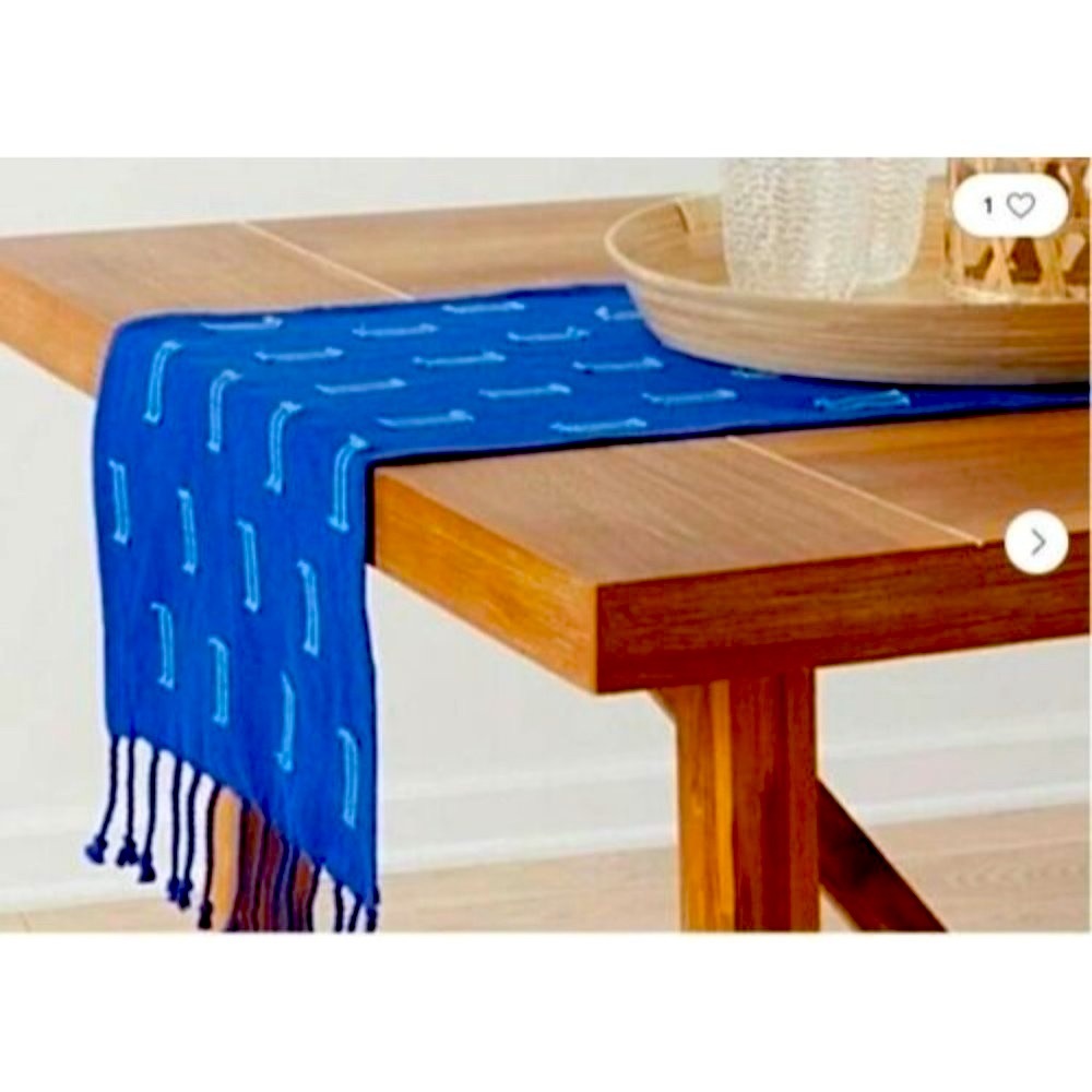 Opal House Table Runner Bohemian Blue Cotton Clipped Fringe Edge 14 x 72